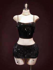 SHEIN ICON 2件套 女士修身亮片拼接流苏露脐上衣和迷你裙 - 黑色 - 查看 2