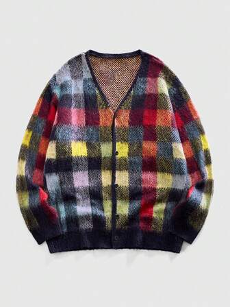 Street Life كنزة صوفية كارديجان طويلة الأكمام بياقة على شكل حرف V مخطط ملون للرجال