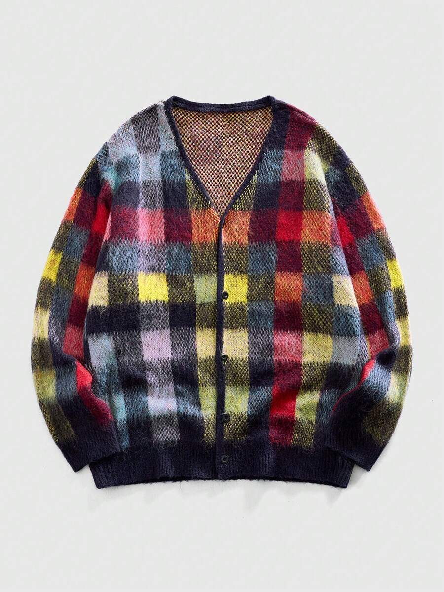 ROMWE MEN Casual Herren bunte karierte V-Ausschnitt Langarm Strickjacke - Verschiedenfarbig - Übersicht 1