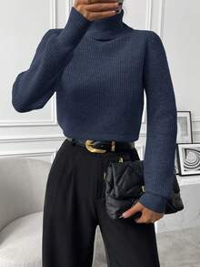 SHEIN Women's Solid Color Turtleneck Long Sleeve Casual Sweater, Autumn/Winter - Navy Blue - View 7