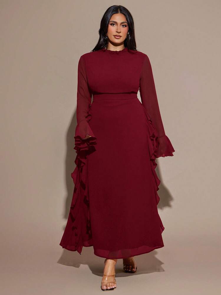 SHEIN BAE Plus Size Dam Brun Långärmad Chiffong Volangärmad Maxiklänning med Utsvängda Ärmar - Bourgogne - Visa 1