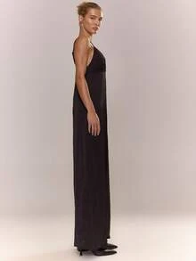 MUSERA 缎面V领纽扣前开长款有衬里套装上衣（仅上衣）秋季舒适可爱休闲夜间约会派对春夏假日 - 黑色 - 查看 3