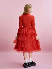Tween Girl Solid Color Mandarin Collar Long Sleeve Patchwork Multi-Layer Mesh Ruffle Hem Cute Dress - Red - View 2