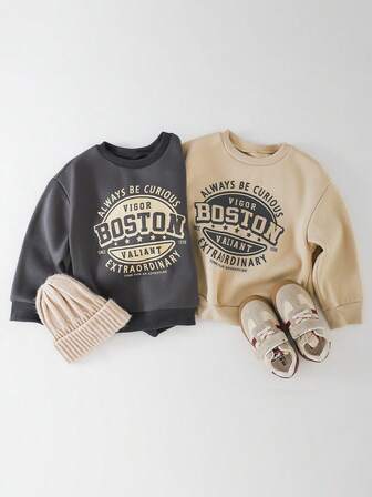 THE HAPPY LOOK 2pcs/Set Boys' Letter Graphic Soft Knit Crew Neck Long Sleeve Pullover Pullover Sweatshirt