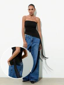 Maija Áo ống thời trang tua rua bất đối xứng màu trơn dành cho nữ - màu đen - Xem 1