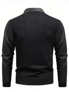 Manfinity Mode 男士保暖内衬商务休闲翻领加厚针织长袖毛衣，男士休闲翻领纯色针织拼接套头衫，带保暖内衬长袖毛衣，适合外出穿着，送给丈夫的男士拼接二合一套头毛衣，男士保暖毛衣，非常适合情侣穿着，也是送给男友或丈夫的绝佳礼物，男士V领罗纹针织毛衣，适合秋冬季穿着 - 黑色 - 查看 2