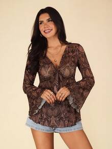 Coeurva 假期派樣印花綁帶前開衩口褶邊女士夏季襯衫 - 咖啡棕 - 查看 4