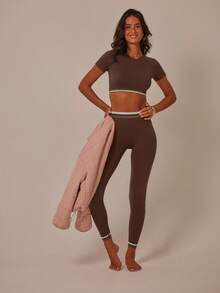 Aralina Women's Striped Round Neck Raglan Short Sleeve Cropped Top And Leggings Sports Suit - Chocolate Brown - View 7