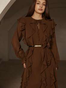 Revavyn Elegant Multi-Layer Ruffle Pearl Chiffon Long Sleeve Dress - Brown - View 6