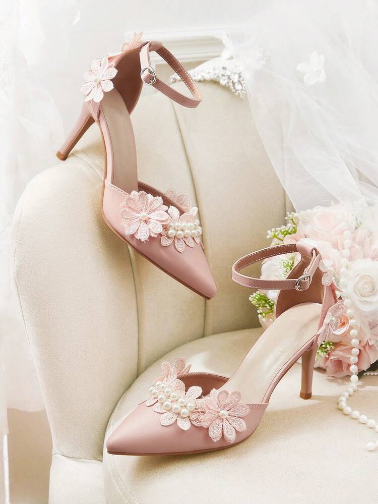 CUCCOO HITCHD Zapatos de tacón alto con punta fina para mujer, con decoración de perlas y flores 3D, tacones altos rosas para dama para boda y fiesta