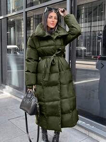 EURMUSE Solid Belted Puffer Coat