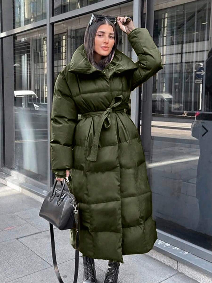 EURMUSE Solid Belted Puffer Coat