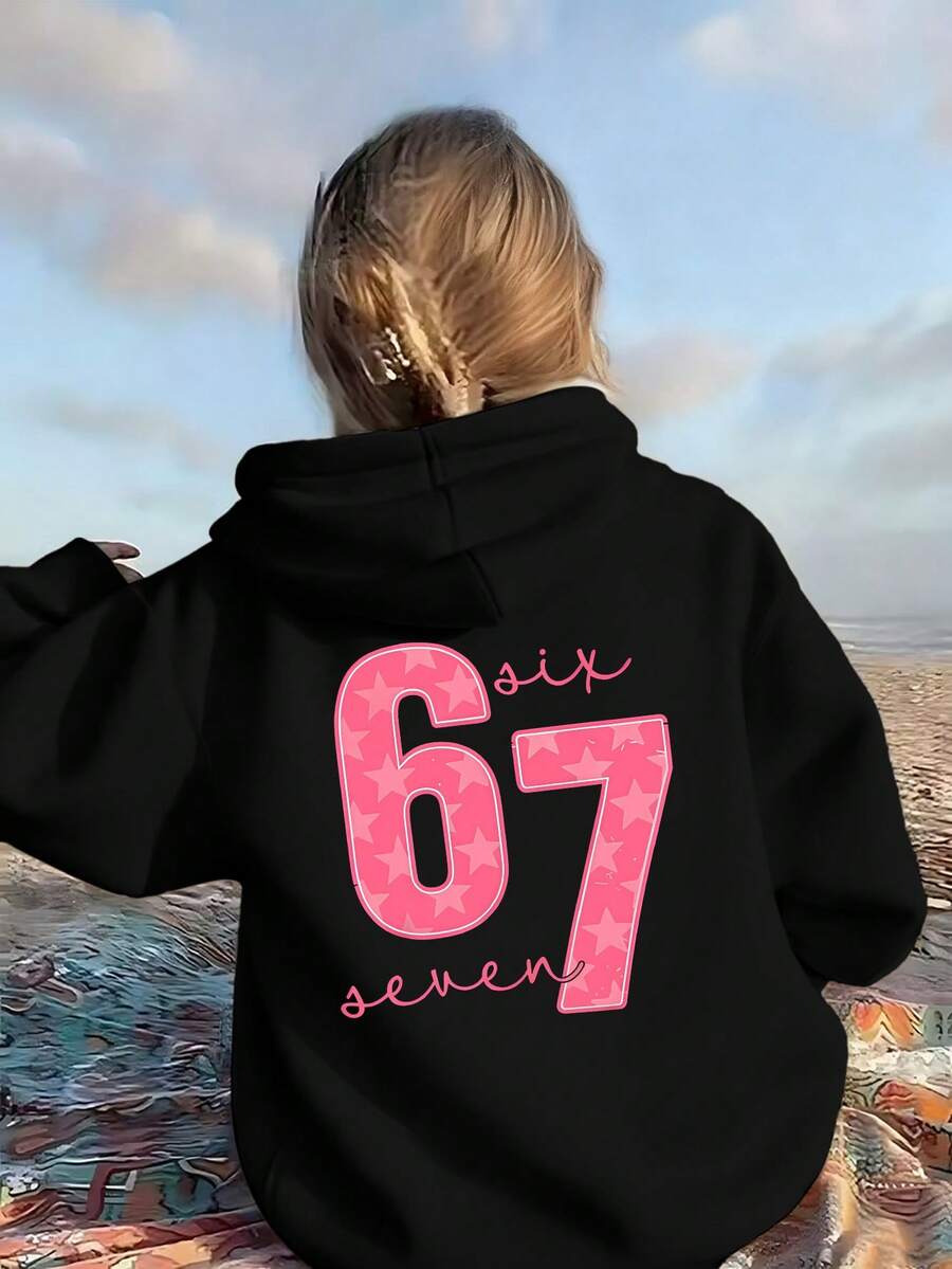Sparklyn Teen Girl Kpop 3D Character & Letter Print Dropped Shoulder Loose Fit Sweatshirt, Suitable For Music Festivals, Autumn/Winter - Black - View 1