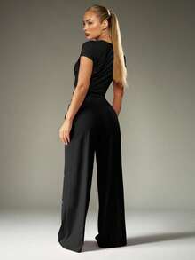 Missguided x Playboy Logo Cropped Tee And Wide Leg Drawstring Pants Sleepwear Pajama Set For Cozy Nights Loungewear - Black - View 2