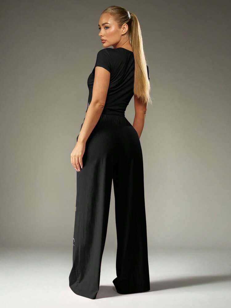 Missguided x Playboy Logo Cropped Tee And Wide Leg Drawstring Pants Sleepwear Pajama Set For Cozy Nights Loungewear