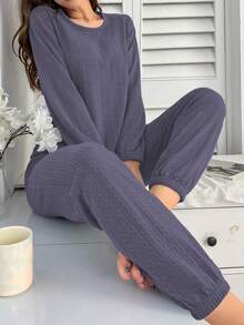 Conjunto de top de manga larga y pantalones de cuello redondo en unicolor de jacquard para mujer - Púrpura malva - Ver 3