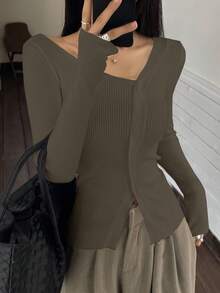 DAZY Damen einfarbiger langärmeliger einreihiger schräger Schulter gestrickter Cardigan, Herbst/Winter - Kamelfarben - Übersicht 3