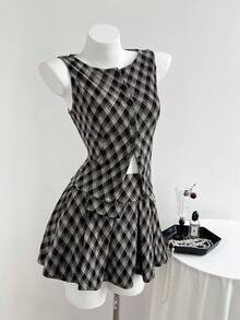 Elamini 女士格子背心+百褶裙套装（两件套），休闲百搭，适合日常、通勤、工作、上学、约会等场合，Y2K风格，秋冬季必备。 - 卡其色 - 查看 4