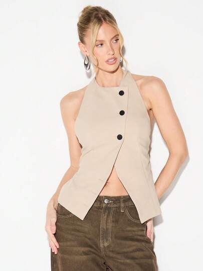 KIZN 露背纽扣前襟马甲，后背系带设计，适合春夏场合