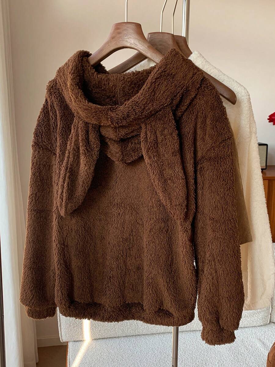 Comfortcana Solid 3D Ear Teddy Hoodie In Fall/Winter - Chocolate Brown - View 1