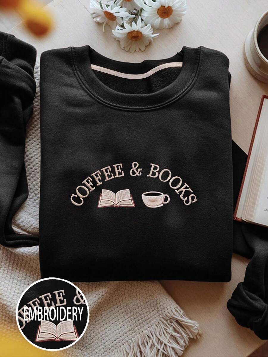 EMERY ROSE Áo nỉ dài tay cổ tròn thêu vai rộng cỡ lớn - màu đen - Xem 1