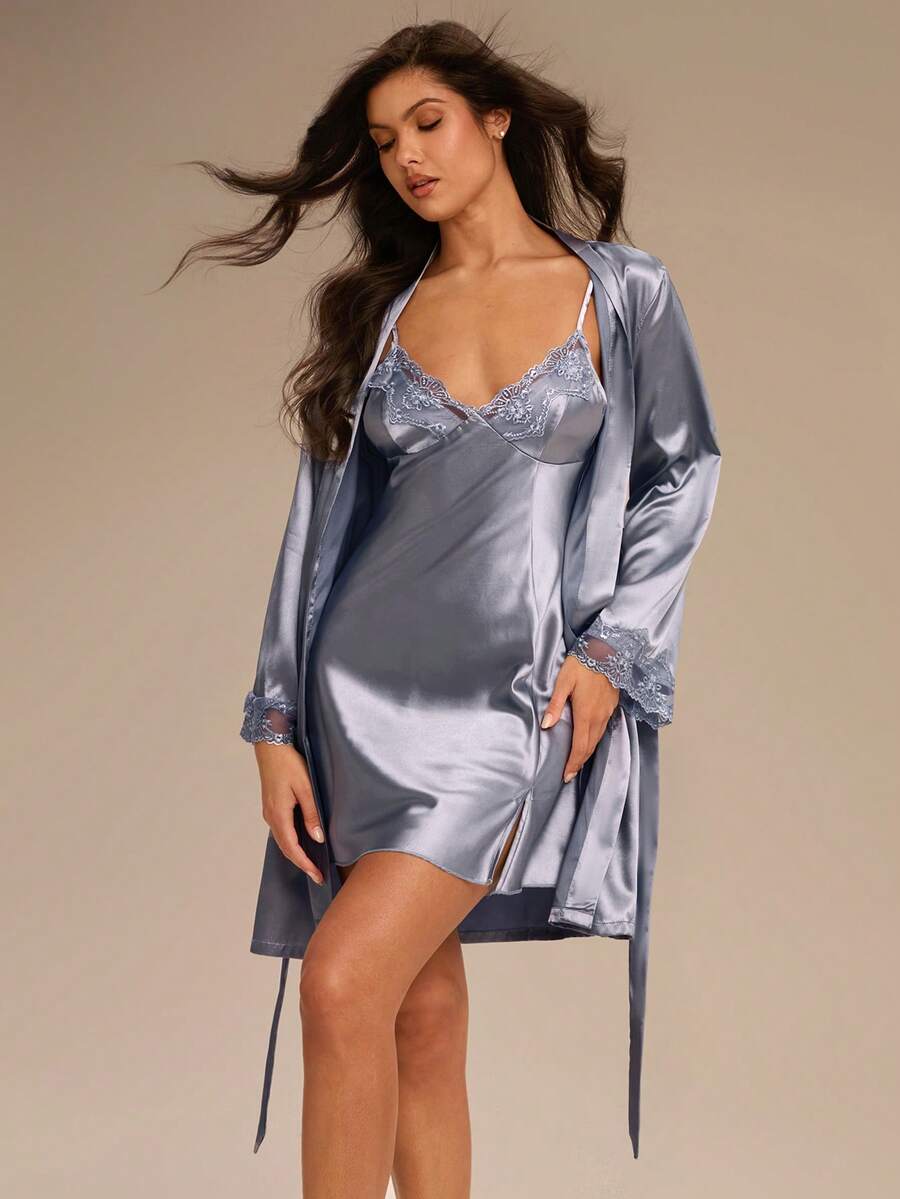 女士睡衣套装纯色吊带背心裙和睡袍，秋季服装 - 霧霾藍 - 查看 1