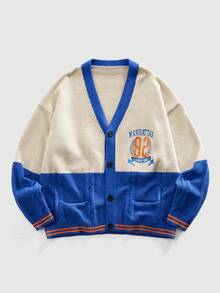 ROMWE MEN Men's Embroidered Patchwork Knit Cardigan - Blue and White - View 1