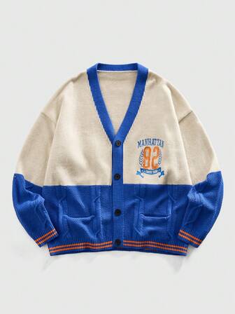 Cardigan tricoté patchwork brodé pour homme