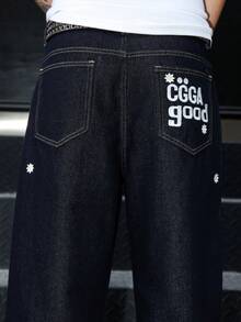 Manfinity EMRG Quần jeans ống loe thêu màu xanh đậm dáng rộng cho nam - Rửa tối - Xem 8