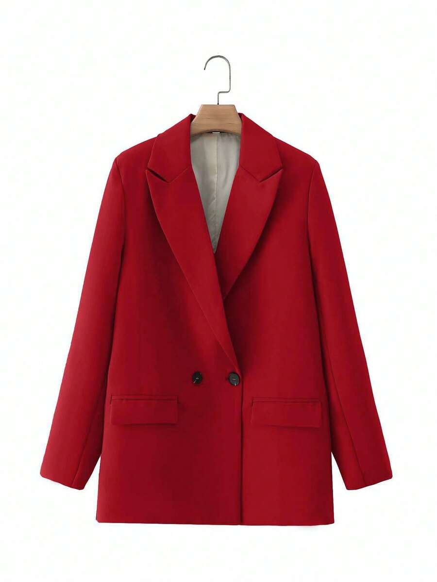 EURMUSE Blazer Pour Dames De Couleur Unie Avec Poches À Rabat - Rouge foncé - Voir 1