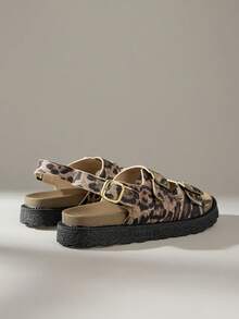 Solecia Women Leopard Print Buckle Flat Sandals, Summer