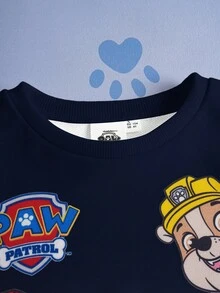 SHEIN | PAW Patrol Sudadera de punto de cuello redondo con estampado de perrito de dibujos animados lindo para niño pequeño, ropa deportiva casual para exteriores - Azul Marino - Ver 3