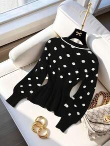 GlowEve Áo len cardigan chấm bi đen cao cấp thời trang, tay dài, thắt eo, đa năng, tối giản, áo khoác ngoài thu/đông cho nữ - màu đen - Xem 2