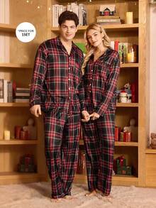 CoupledUp 男士休闲格子印花翻领纽扣长袖上衣和裤子睡衣套装，秋冬情侣睡衣套装，男士家居服套装，男士睡衣套装，圣诞节 - 彩色 - 查看 5
