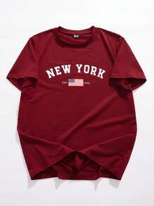 StoneGrade Men's Letter & American Flag Graphic Casual Crew Neck Short Sleeve T-Shirt, Versatile For Summer - Burgundy - View 2