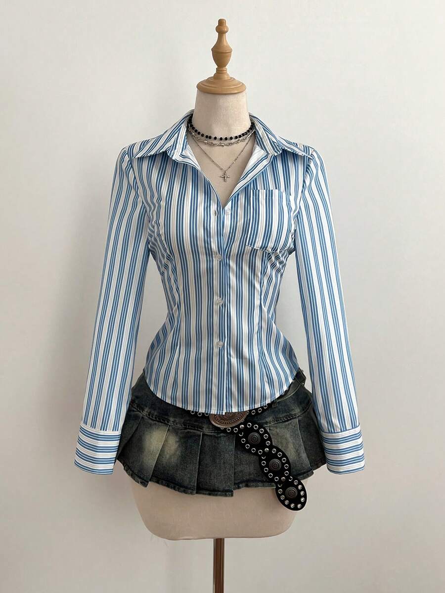 Elamini 性感修身条纹纽扣短款女式衬衫 - 藍色 - 查看 1