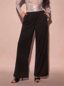 SHEIN Glamour Women's Casual Loose Fit Black Wide Leg Sweatpants, Suitable For Sports & Leisure Outfits, Outdoor Pants, Basic Black Pants Black Flare Pants - Black - View 6