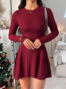 SHEIN PETITE Women's Elegant Burgundy Solid Round Neck Ribbed Long Sleeve Mini Dress,Autumn Casual Dining Outfit,New Year Party,Christmas & Valentine's Day Dresses ,Petite Women - Burgundy - View 3