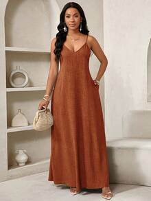 SHEIN Lady Rust Boho Holiday Vacation Summer Holiday Maxi Dress,Linen Backless Loose Strapless Halter Top Birthday&Event Beach Sun Dress With Pockets - Rust Brown - View 7