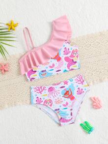 Young Girls Ruffled One-Shoulder Cartoon Mermaid Print Bikini Set, Cute Children Swimwear, Beach Vacation Essential, Random Print, Suitable For Vacation, Beach, Seaside, Summer, Spring Break, Summer Holiday