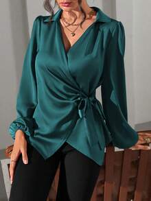 EMERY ROSE Western Inspired Shiny Fabric Side Tie And Puff Sleeve Casual Stylish Women Blouse Fall Cloth For Women - Teal Blue - View 5