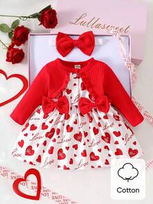 SHEIN 新生女宝宝红色蕾丝长袖碎花爱心印花连衣裙及配套发带两件套，优雅甜美可爱，适合秋季日常户外休闲活动。 - 紅色 - 查看 3