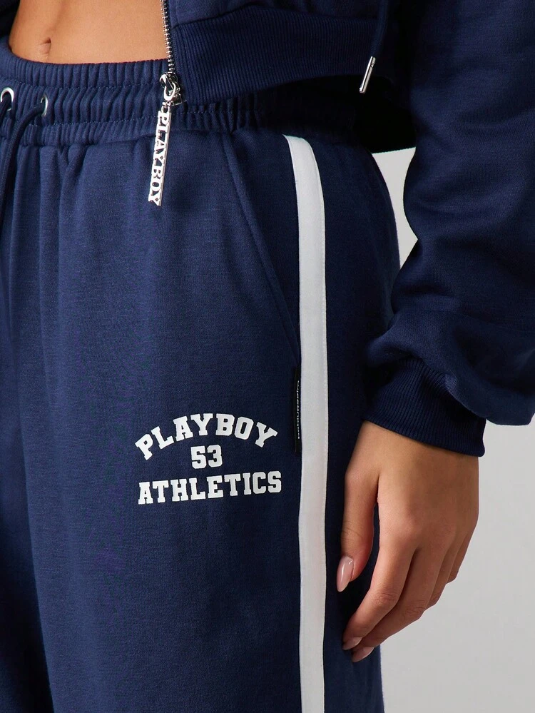 Missguided x Playboy Athletics Drawstring Jogger Sweatpants With White Side Stripe And Cuffed Hem For Casual Comfort