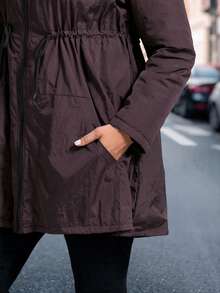 SHEIN Clasi 大码女式羽绒服，优雅黑色羽绒服，保暖内衬羽绒服，带帽羽绒服，收腰显瘦羽绒服带口袋 - 棕色 - 查看 7