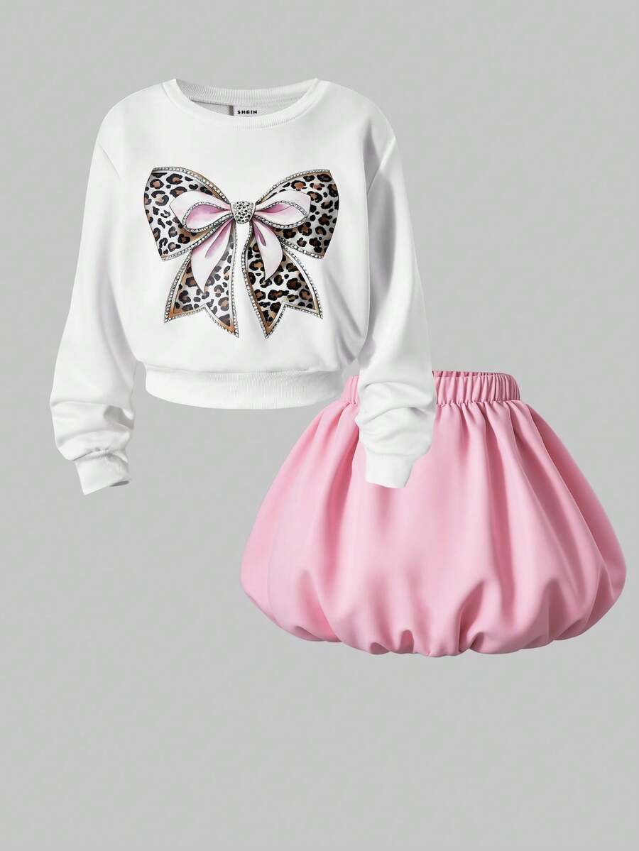 Glimette Girls 2-Piece Set:White Ribbed Crew Neck Knit Pullover Sweatshirt With Leopard Print Bow Decor+Floral Skirt,Cute Autumn School Back-To-School - Pink - View 1