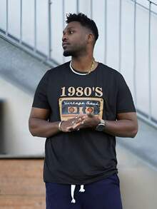 Heavens Edit 2025 Men's Summer Leisure Letter & Tape Print Round Neck Short Sleeve T-Shirt - Black - View 5