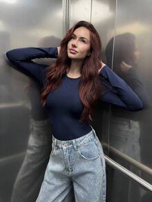 Abrilcols Solid Slim Fit Spring Women Bodysuit - Navy Blue - View 4