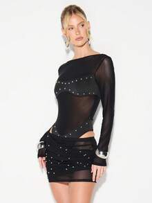 KIZN Studded Mesh Overlay Ruched Mini Skirt With Wrap Detail And Rhinestone Embellishments For Party Nightout Special Occasions - Black - View 5