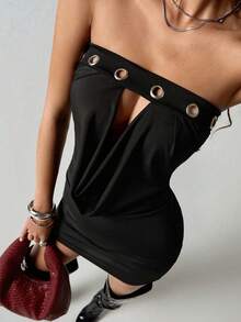 TRNVIE Black Casual Street Style Women's Grommet Decor Bustier High Street Motorcycle Buckle Plunging Draped Neck Hollow Out Bodycon Mini Dress, Suitable For Party, Valentine's Day, Carnival - Black - View 1