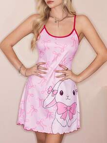 Valentine's Day Y2K Cute Bow & Rabbit Print Contrast Strap Fitted Women Nightgown